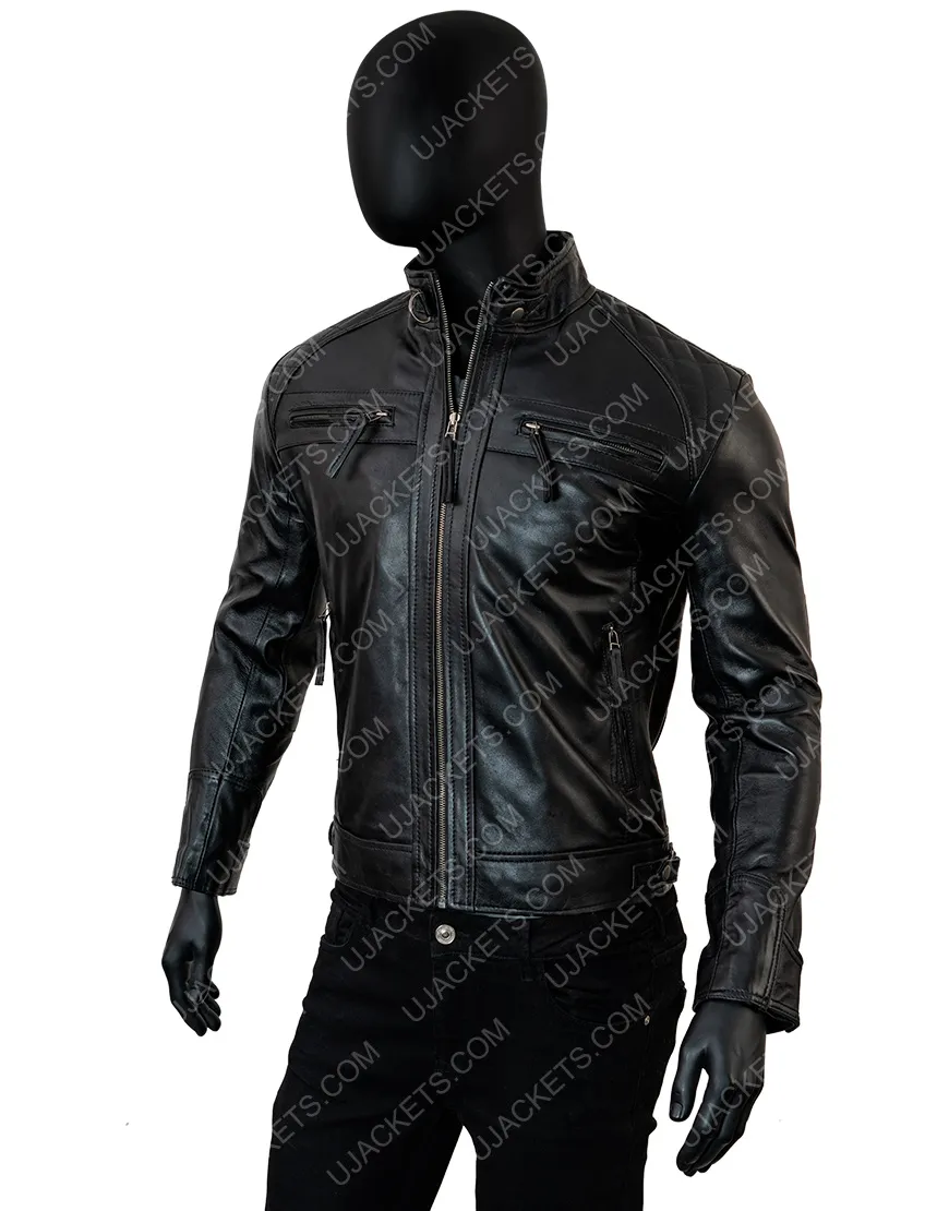 Cafe Racer Vintage Leather Jacket | Black Quilted Biker Jacket | ujackets